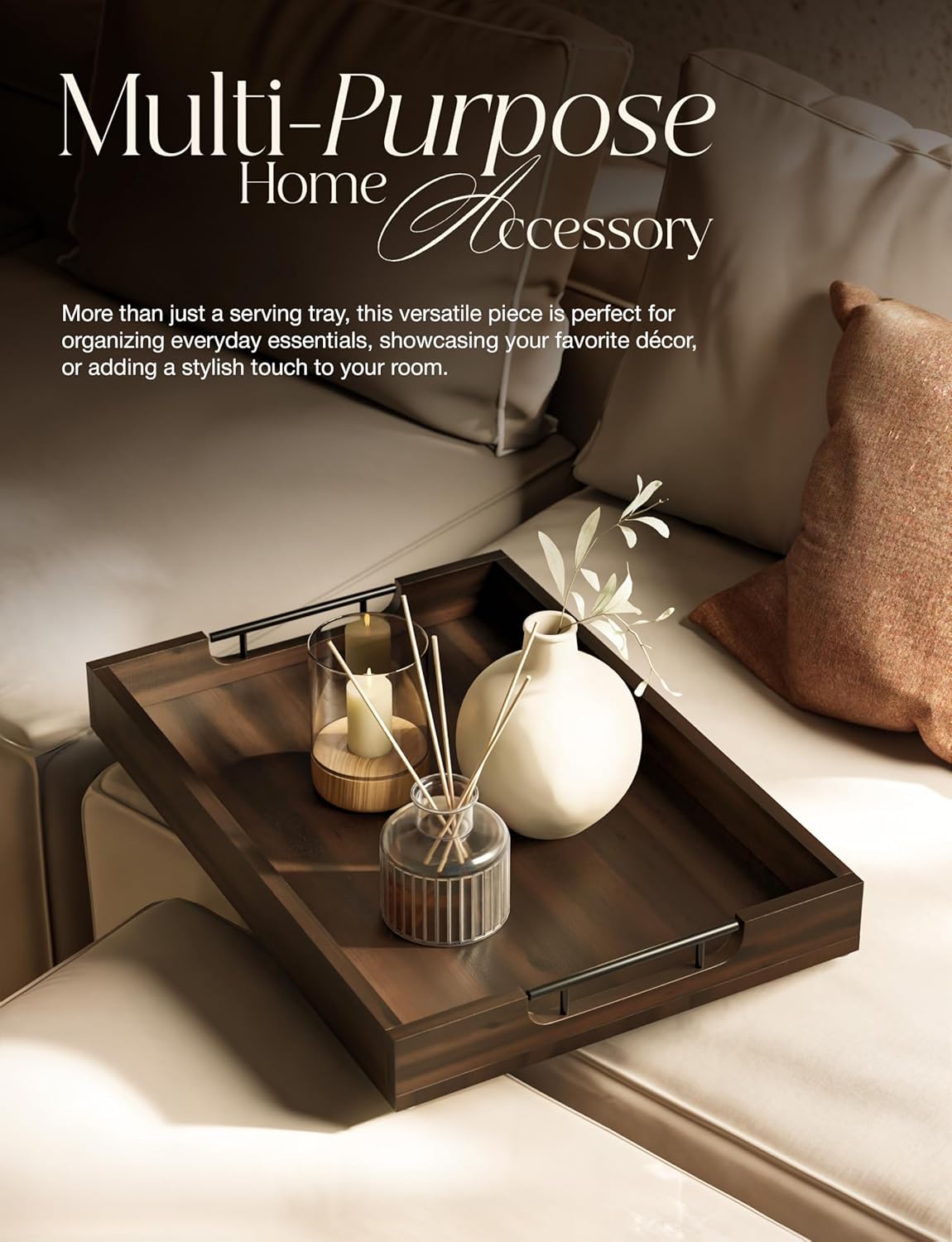 20 Inch Acacia Wood Ottoman Tray for Living Room - Coffee Table Trays, Serving Tray with Handles for Ottoman Table, Decorative Trays for Home Decor, Charcuterie Boards (Walnut Color)