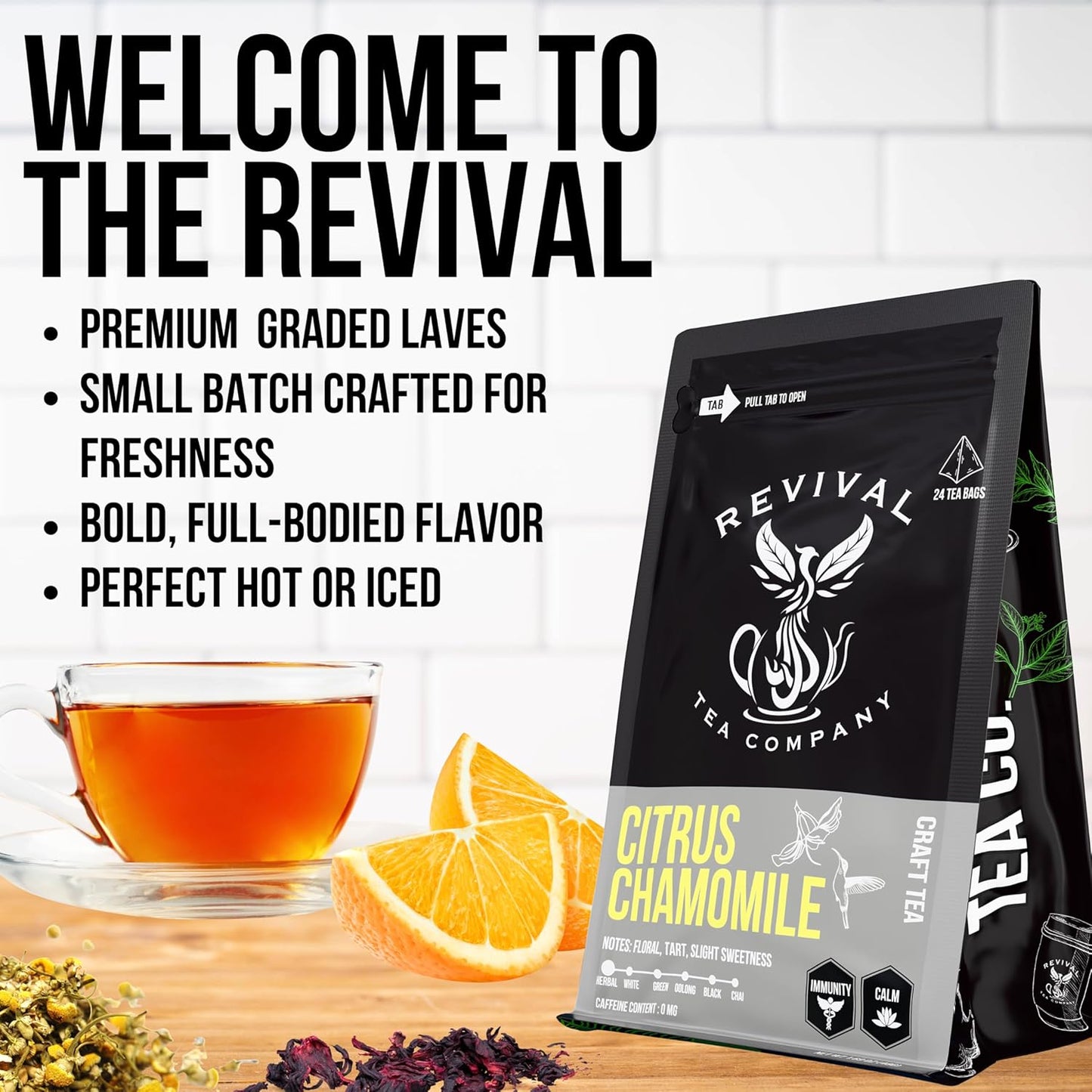 Revival Tea Company Citrus Chamomile Tea - Herbal Tea Blend of Chamomile Flowers and Orange Peel - Caffeine Free - 24 Tea Bags