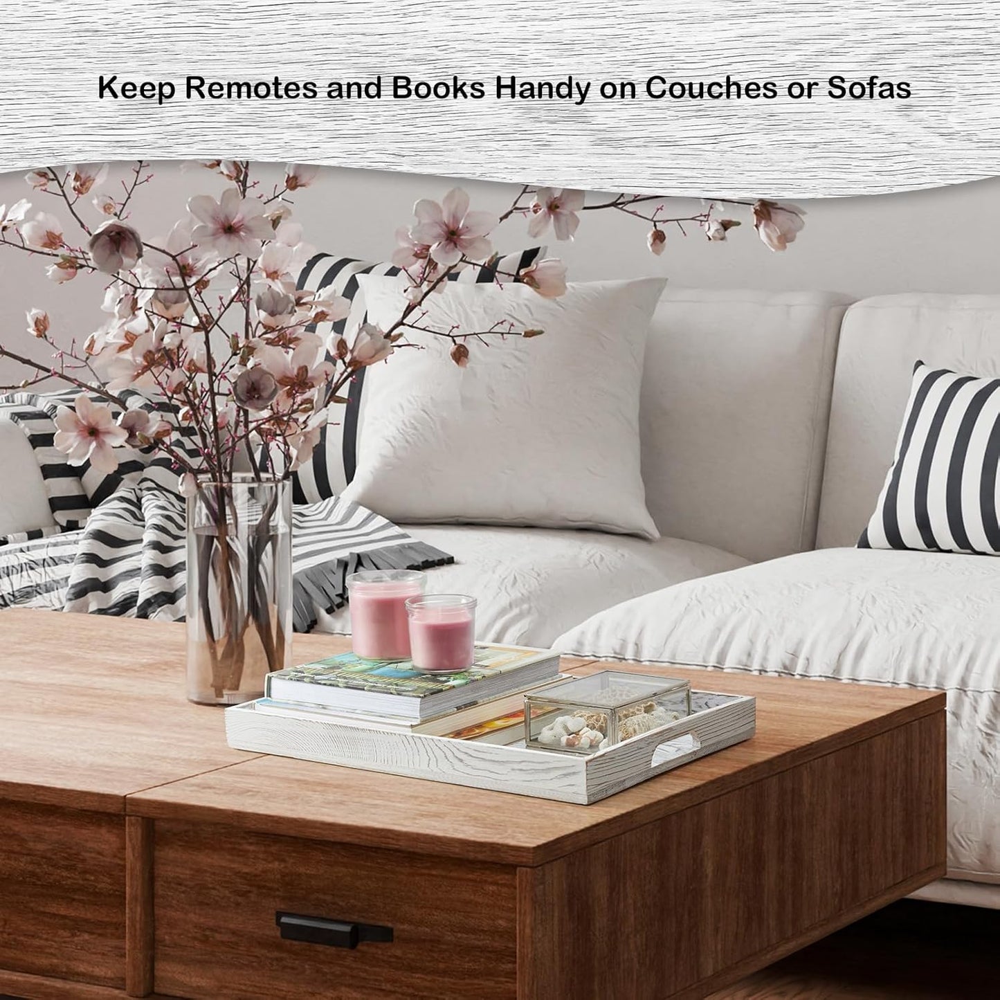 17 Inch White Serving Tray with Handles, Large Wooden Tray for Ottoman, Breakfast in Bed, Coffee Table, Dinner, Rectangular Wood Tray for Living Room Bedroom Entryway and Kitchen