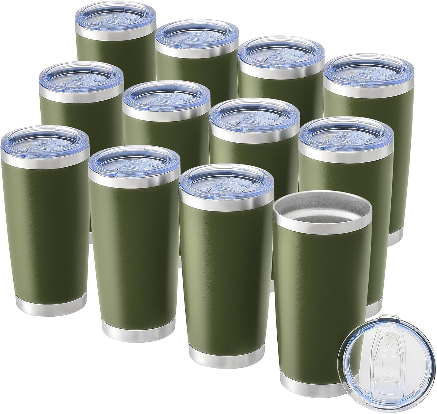OMTech 20oz Tumblers Bulk, 12pc Stainless Steel Tumbler Set with Lid & Straw, Double Wall Vacuum Insulated Mug for Laser Engraver, Travel Coffee Mug for Hot & Cold Drinks, Army Green Powder Coated Cup