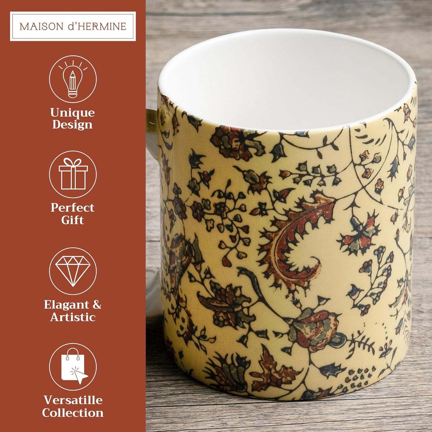 Maison d' Hermine Coffee Mug with Handles Fine Bone China Mugs Pack of One Tea Cups for Hot Beverages Cappuccino Latte Home Restaurant Office Perfect for Gift (Lakshmi - Arum, 12 Ounce)