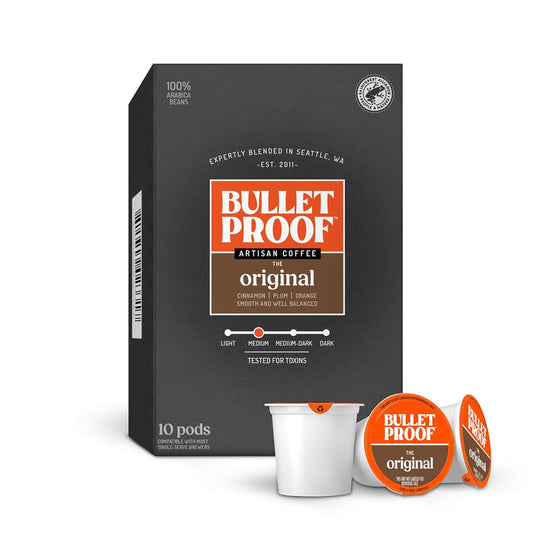 Bulletproof Original Medium Roast Single-Serve Pods, 10 Count, Arabica Beans, Clean Coffee Tested for Toxins, Packaging May Vary
