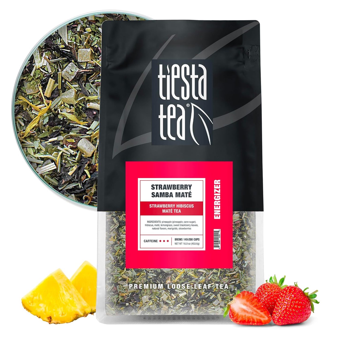 Tiesta Tea - Strawberry Samba Mate, Loose Leaf, Strawberry Hibiscus Mate Tea, High Caffeinated Fruit Blend, Make Hot or Iced Up to 200 Cups, 16oz Resealable Bulk Pouch