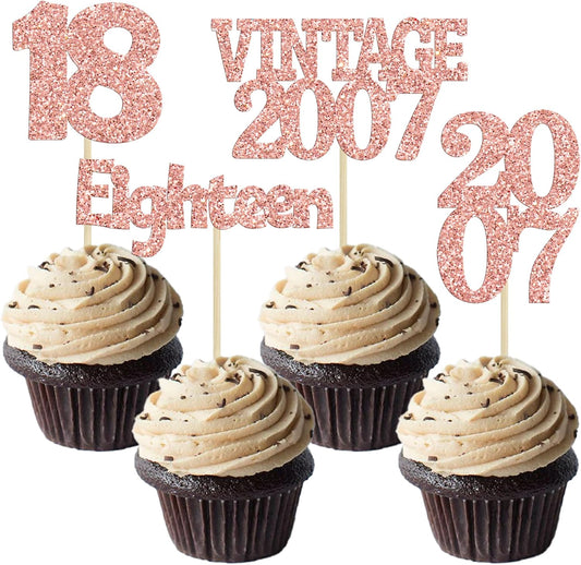 Gyufise 24Pcs 18th Birthday Cupcake Toppers Glitter Eighteen Vintage 2007 Hello 18 Years Birthday Cupcake Picks Adultish 18 Cake Decoration for Happy 18th Birthday Anniversary Party Supplies Rose Gold