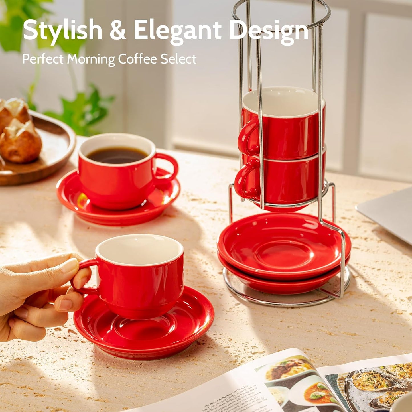 Sweese 8 Ounce Porcelain Stackable Cappuccino Cups with Saucers and Metal Stand - for Specialty Coffee Drinks, Cappuccino, Latte, Americano and Tea - Set of 4, Red