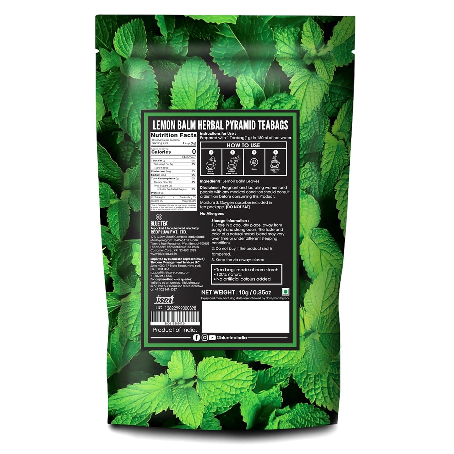 BLUE TEA - Lemon Balm Tea - 10 Count - Plant Based Tea Bag | RELIEVES STRESS - IMPROVES DIGESTION | Reduces Bloating | Refreshing Citrus Flavour - Leaf Based - Caffeine Free | Ziplock Pouch