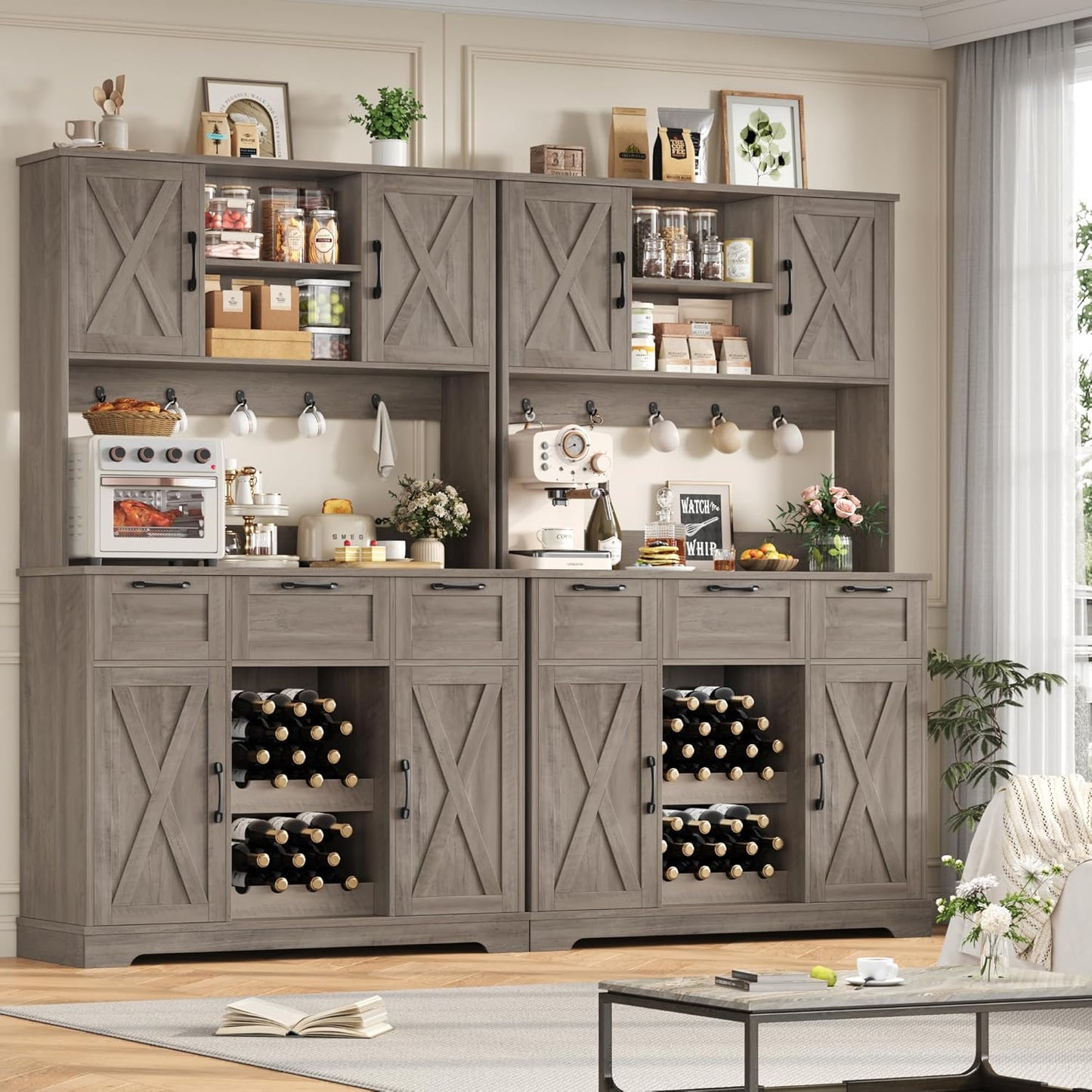 HIFIT 72" Kitchen Pantry Hutch Cabinet with Storage, Farmhouse Wood Coffee Bar with Wine Rack and Microwave Stand, Tall Storage Cabinet with Barn Doors and Shelves for Dining Living Room, Ash Grey
