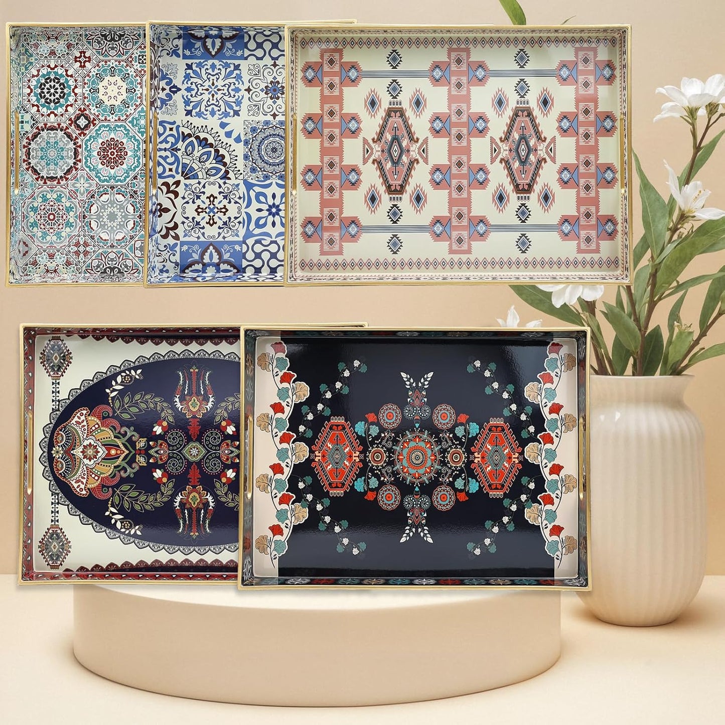 Spsyrine Serving Tray with Handles, Plastic Decorative Tray for Coffee Table, Living Room, Home Decor, 3040N