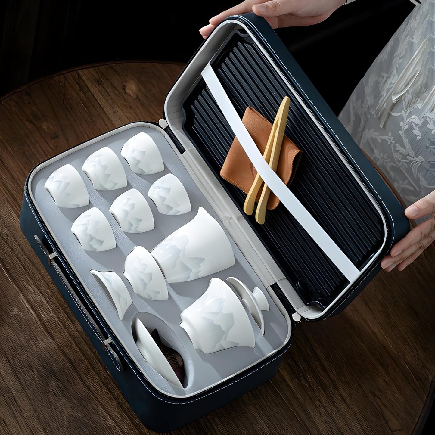 ICHAG Chinese Tea Set, Gongfu Tea Sets for Adults, China Gaiwan Teaset, 14-Piece Yangzhi Jade (茶具) Porcelain Set with Suspended Gaiwan & Tea Pet, Portable Travel Teaset for Home, Outdoor, Office Gifts