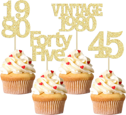 Gyufise 24Pcs 45th Birthday Cupcake Toppers Glitter Cheers to 45 Fabulous Forty Five Vintage 1980 Cupcake Picks 45th Birthday Wedding Anniversary Party Cake Decorations Supplies Gold