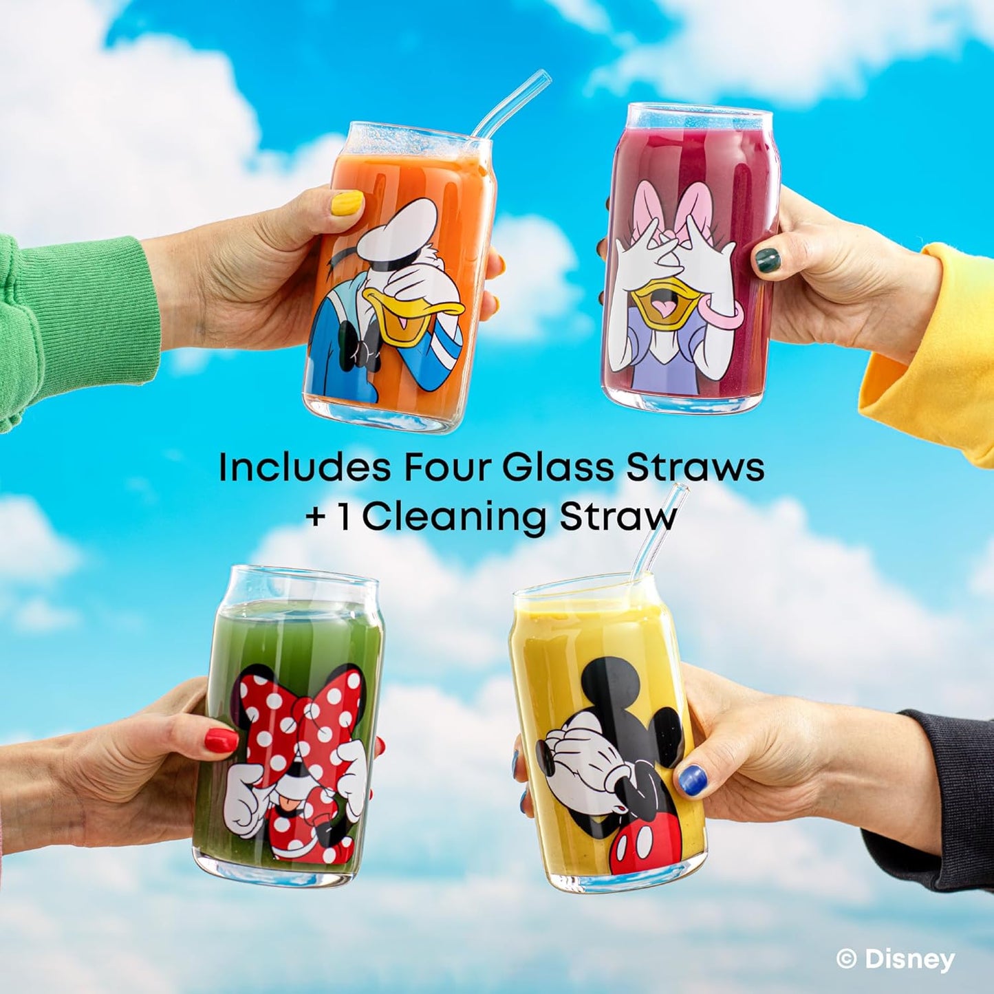 JoyJolt Disney Mickey Mouse & Friends Peek-a-Boo Collection Tumblers, 16oz Can Shape Tumbler Drinking Glass Cups Set, Glass Tumbler Set of 4 w/Glass Straws, Disney Gifts, Mickey Mouse Glasses