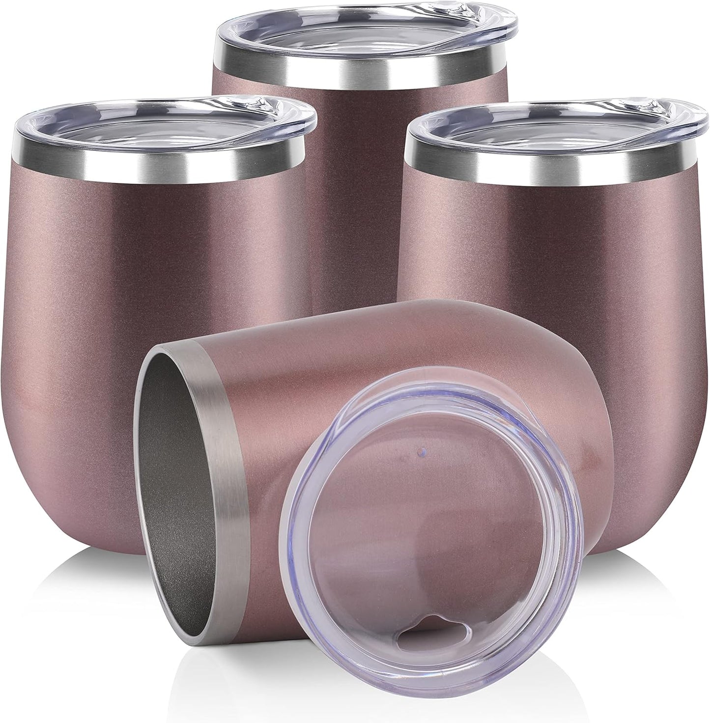 DOMICARE Stainless Steel Wine Tumbler Bulk with Lid, Personalized Rose Gold Insulated Tumblers Set, 12oz Travel Coffee Cups Pack of 4