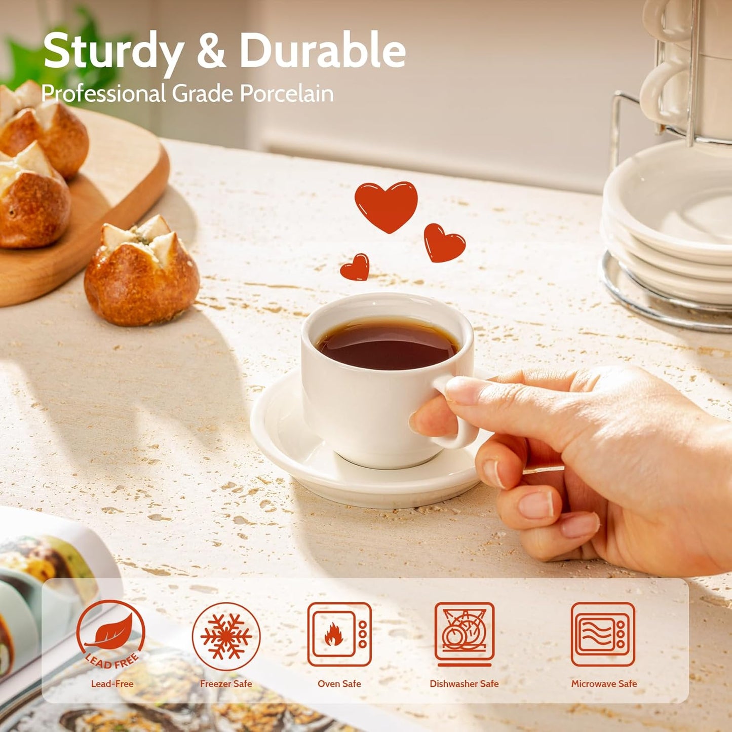 Sweese 4 Ounce Porcelain Stackable Espresso Cups with Saucers and Metal Stand Set of 4, White