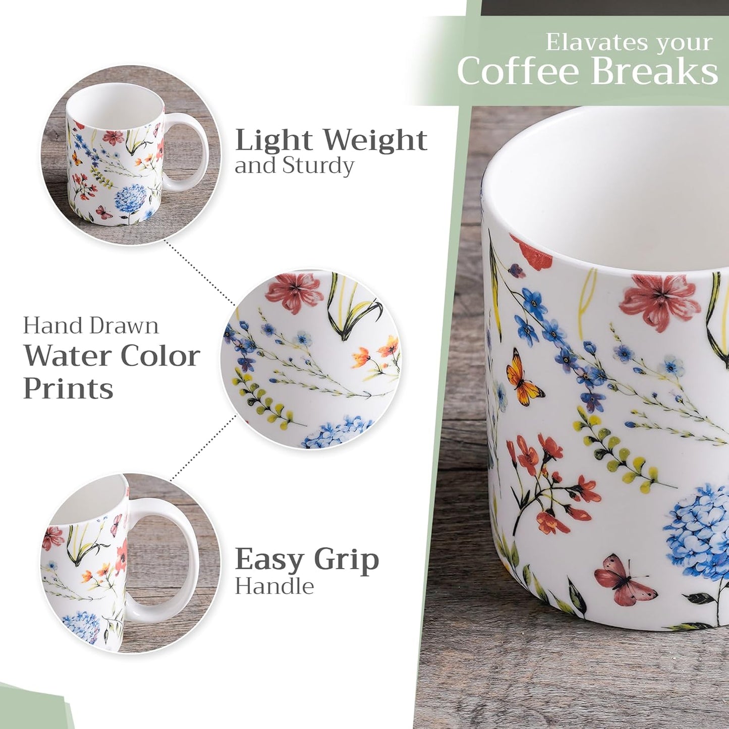 Maison d' Hermine Coffee Mug with Handles Fine Bone China Mugs Pack of One Tea Cups for Hot Beverages Cappuccino Latte Home Restaurant Office Perfect for Gift (Just Floral - Poppies Always, 12 Ounce)