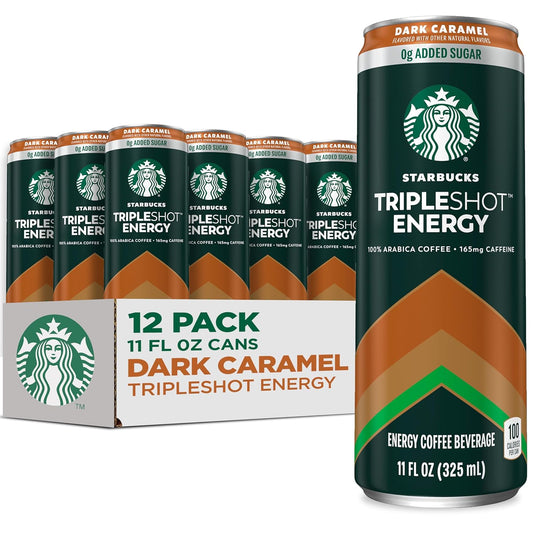 Starbucks Tripleshot Coffee Energy Drink, Dark Caramel, 11 fl oz Cans (12 Pack), Triple Blend, 165mg Caffeine, B Vitamins, Protein, Iced Coffee (Packaging and Formula May Vary)