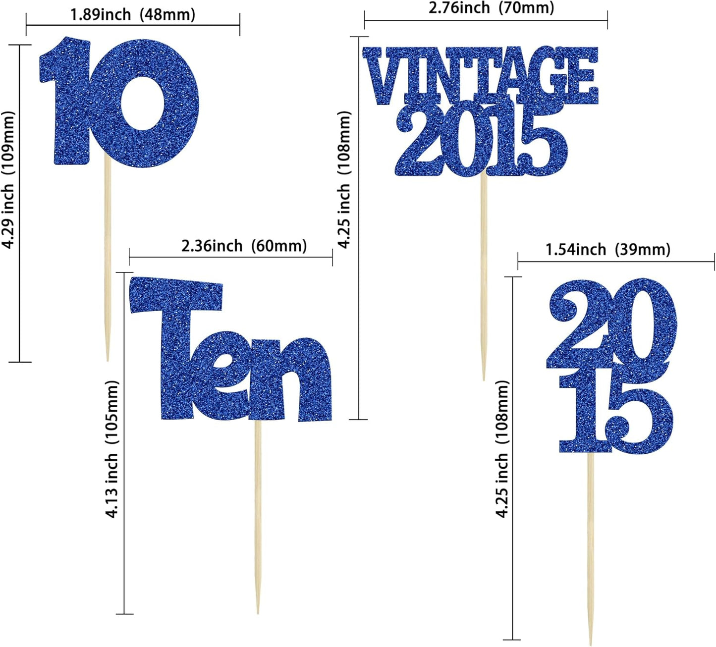 Gyufise 24Pcs 10th Birthday Cupcake Toppers Glitter Ten Vintage 2015 Double Digits 10 Cupcake Picks Birthday Cake Decorations for Happy 10th Birthday Anniversary Party Supplies Deep Blue