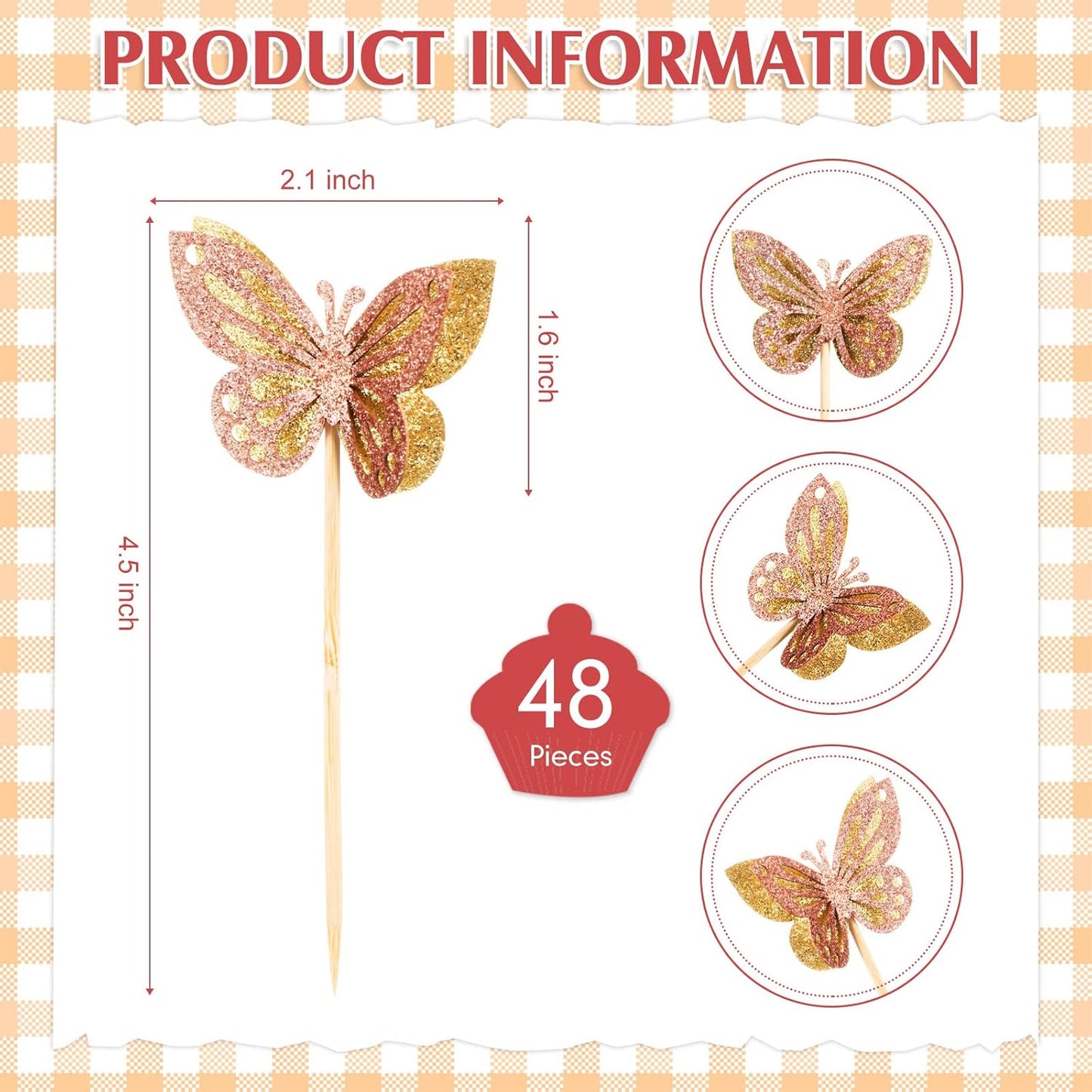 Chinco 48 Pcs Butterfly Cupcake Toppers Assembled Double Layer Cupcake Topper 3D Glitter Cake Topper Butterfly Cocktail Pick Decoration for Baby Shower Birthday Wedding(Gold,Retro Style)