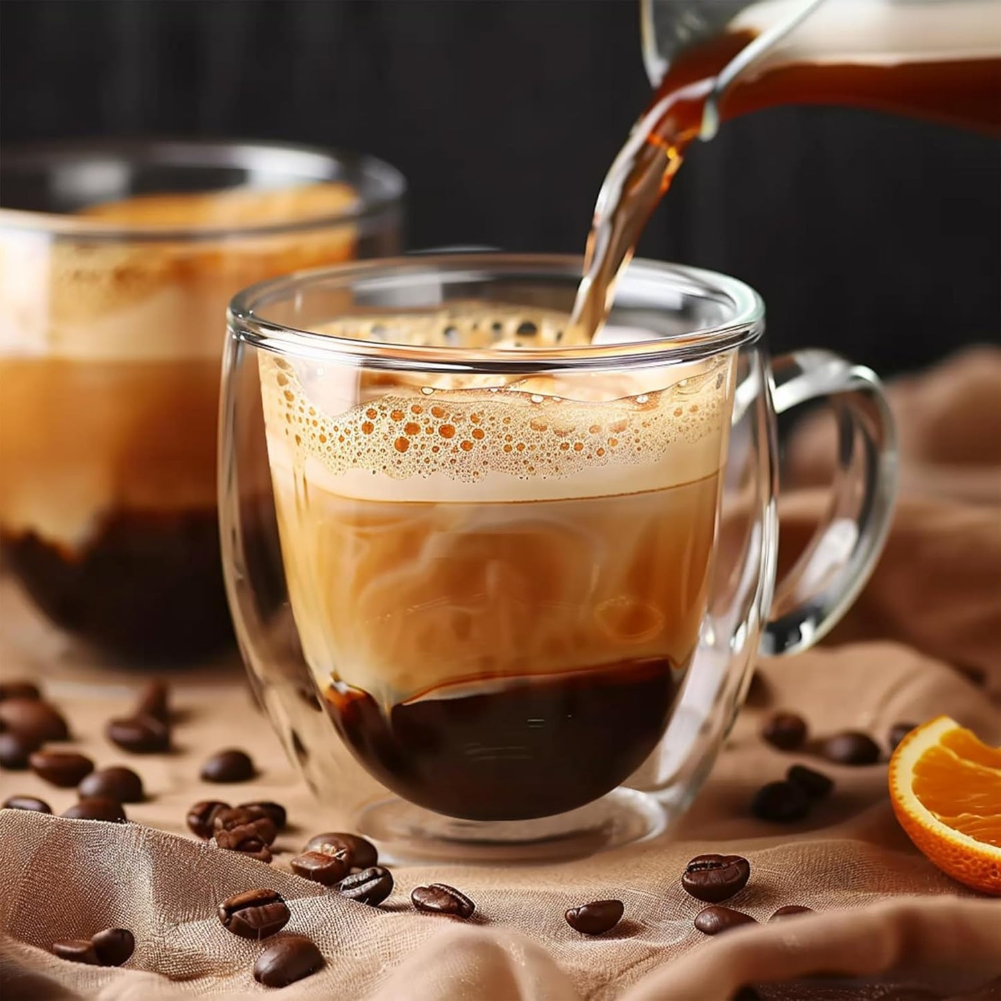 Set of 4 Double Walled Glass Coffee Mugs 6 Ounces Insulated Layer Coffee Cups with Handle Borosilicate Glass Espresso Cup for Hot Beverage,Cappuccino,Tea,Latte,Wine,Microwave Safe