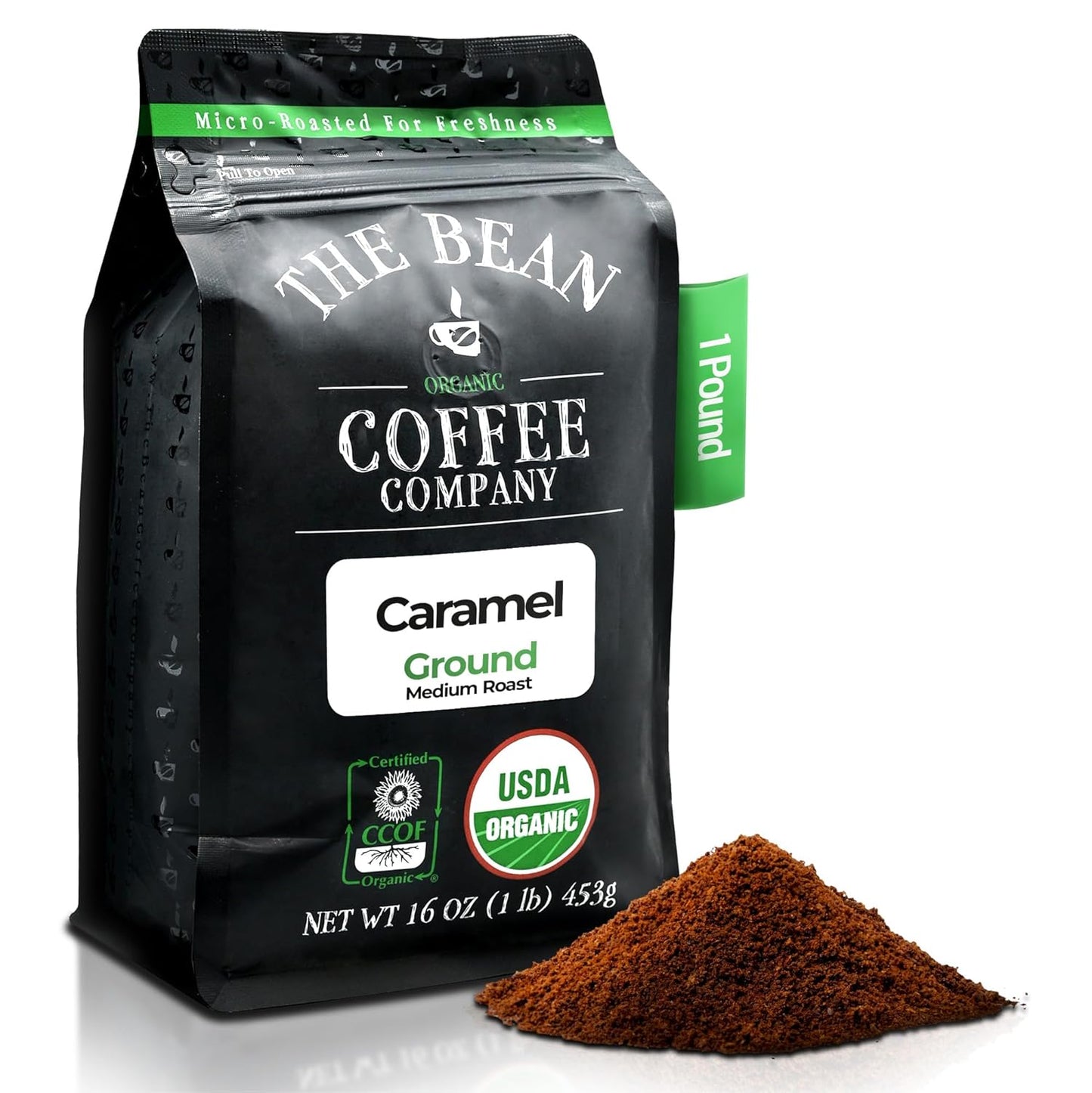 The Bean Organic Coffee Company Caramel, Medium Roast, Ground Coffee, 16-Ounce Bag, Café molido tostado orgánico