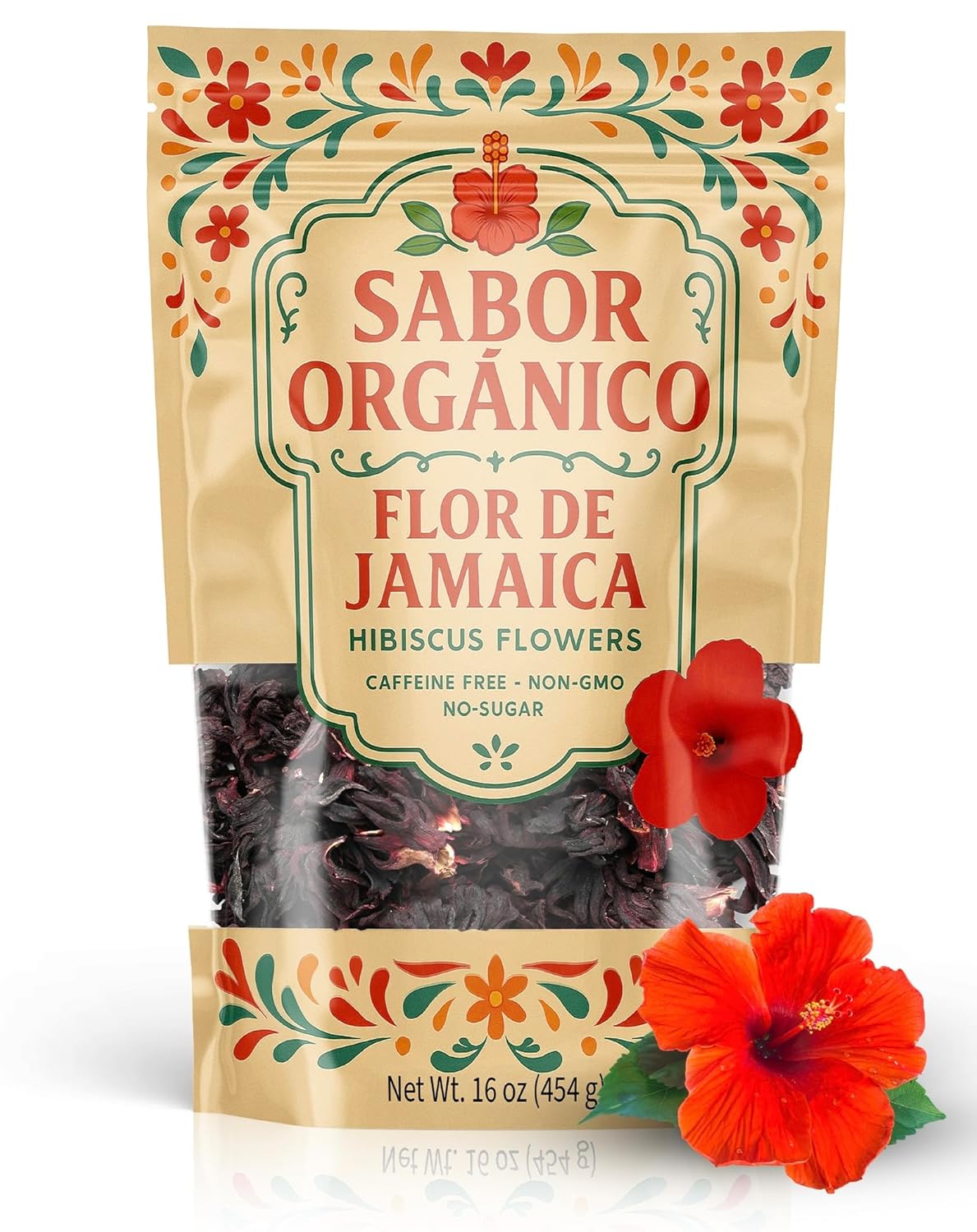 1lb Dried Hibiscus Flowers perfect for Tea and Mexican Agua de Jamaica | Flor de Jamaica Organica Natural | Flor de Jamaica Non-GMO, No Preservatives Resealable Stand-up pouches | by Sabor Orgánico