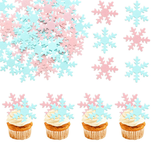 Gyufise 50Pcs Pink Edible Cupcake Cake Toppers Snowflake Cake Decorations for Christmas Winter Frozen Theme Party Supply Decoration Blue Pink