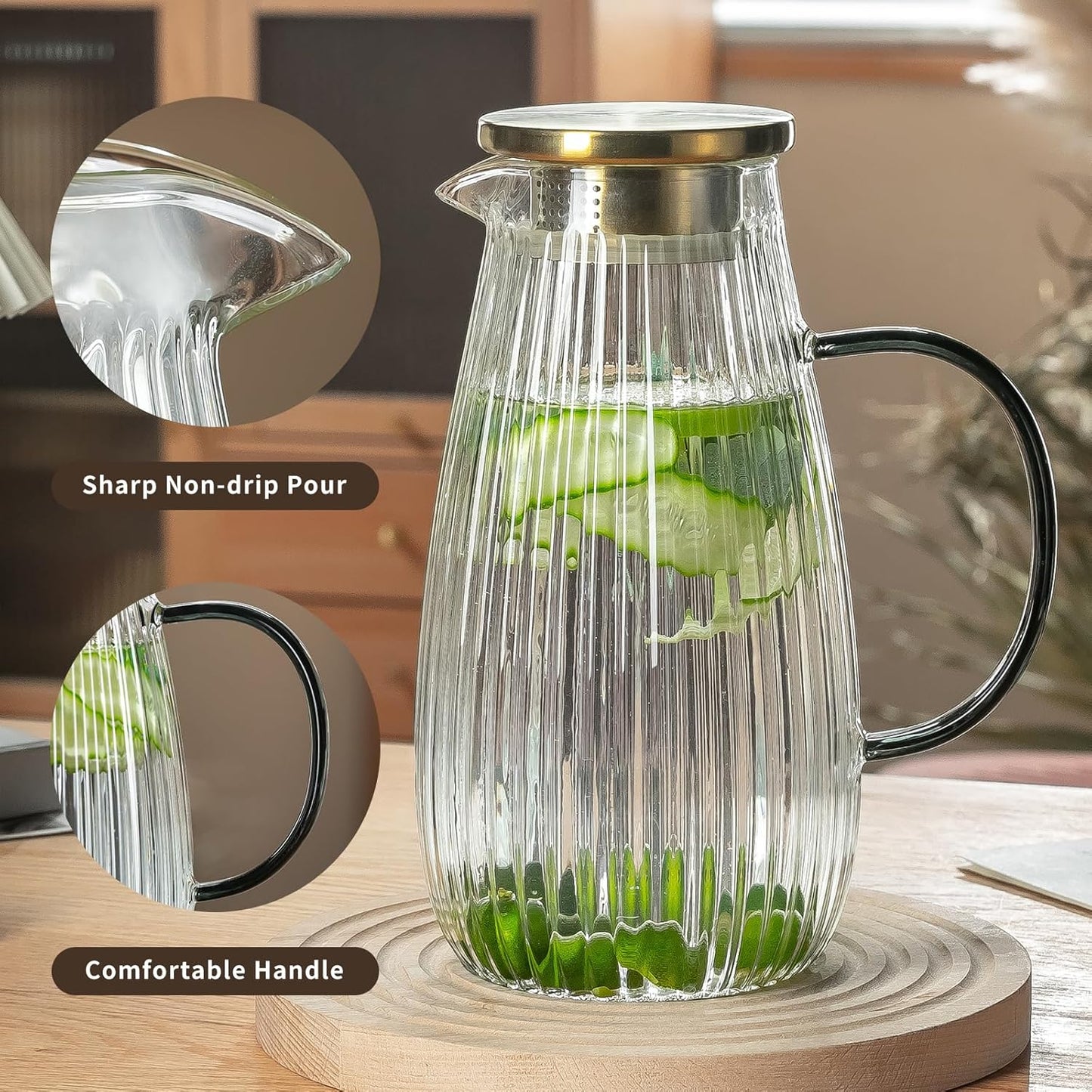 2 PACK Glass Pitcher with Lid and Spout,68 oz/2 Liter Vertical Stripes Water Pitcher for Fridge, Clear Borosilicate Glass Water Carafe for Cold Brew, Coffee, Lemonade, Sun Tea,Heat Resistant