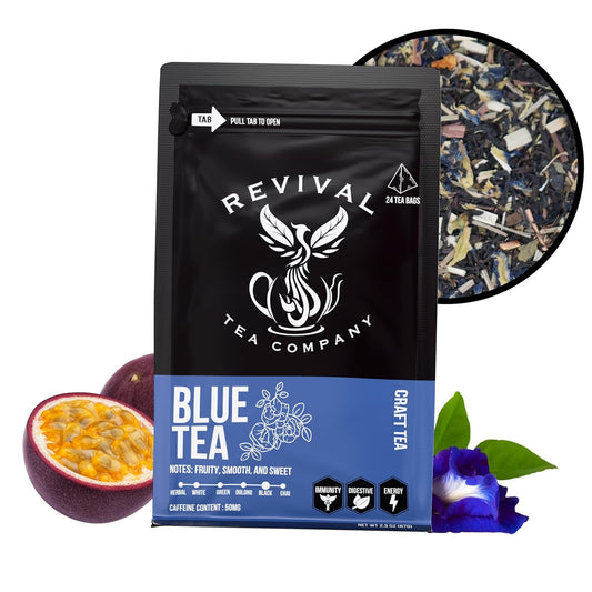 Revival Tea Company Blue Tea - Butterfly Pea Flower and Black Tea Blended with Other Herbal Tea Flavors - 24 Tea Bags