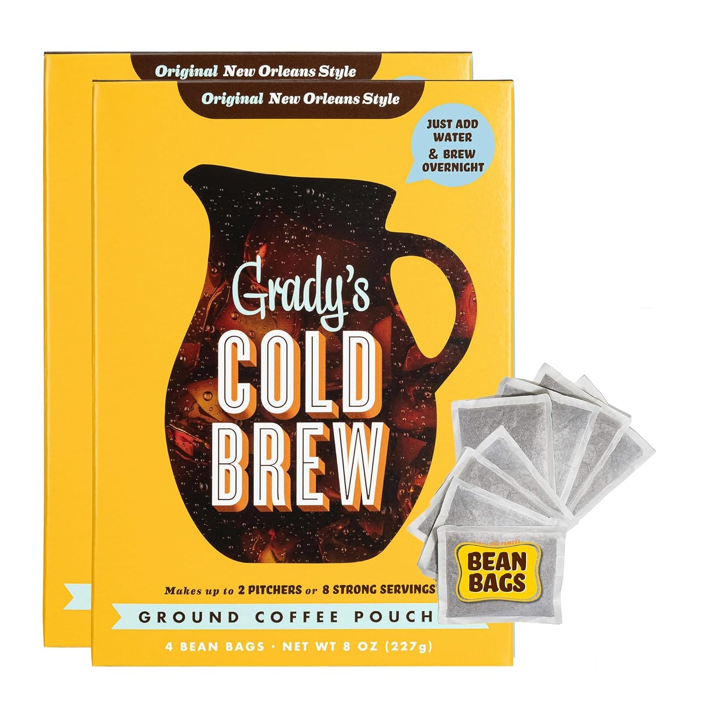 GRADY’S COLD BREW, New Orleans Style, 100% Arabica Ground Coffee & Chicory Pouches, TWO Boxes of Four Easy-to-Brew Bean Bags, Makes 24 drinks
