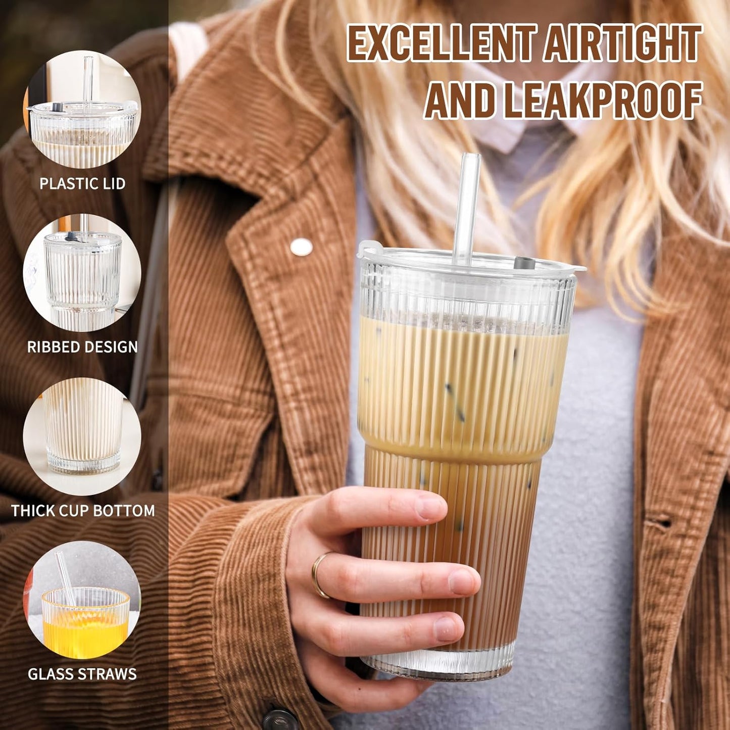 20 oz Glass Cups with Lid and Straw 2 Set, Glass Tumbler with Straw and Lid, Vintage Glassware for Whiskey Cocktail Beer, Iced Coffee Cups with Lid (6 PACK)