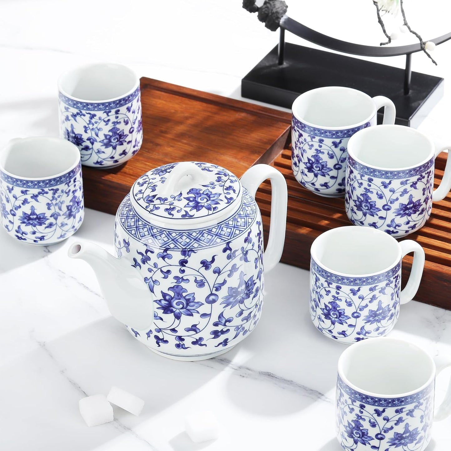fanquare Chinese Blue and White Porcelain Teapot Set Traditional Kung Fu Tea Sets with 6 Cups for Loose Leaf Tea Adults