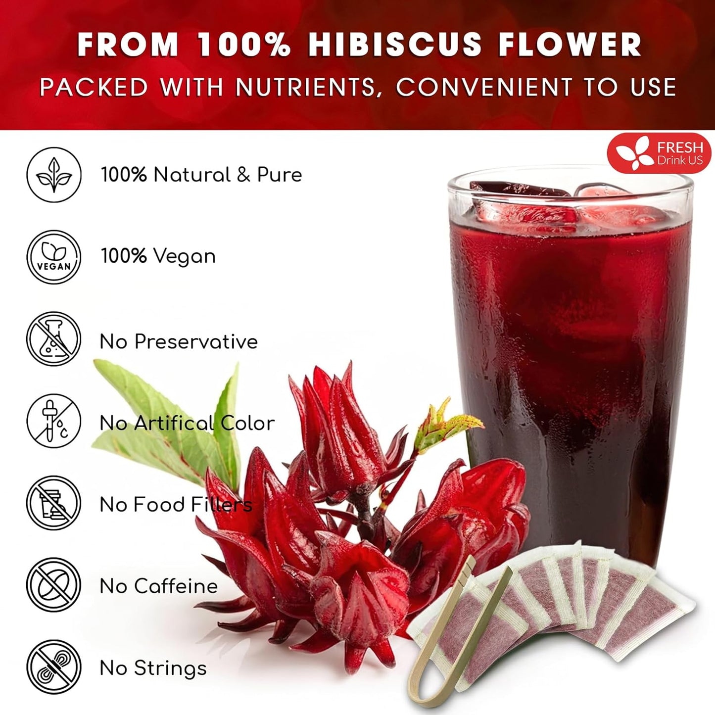 FreshDrinkUS Premium 40 Hibiscus Tea Bags, 100% Natural, Pure Hibiscus, Loose Flower Herbal Tea. No Sugar, No Caffeine, No Gluten, Vegan