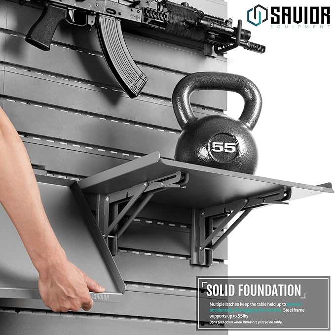 Savior Equipment Wall Rack System Heavy-Duty Steel Folding Table Workbench Shelf Collapsible Wall Mount Hanger, Modular Firearms Gun Wall Gear Accessories Organizer