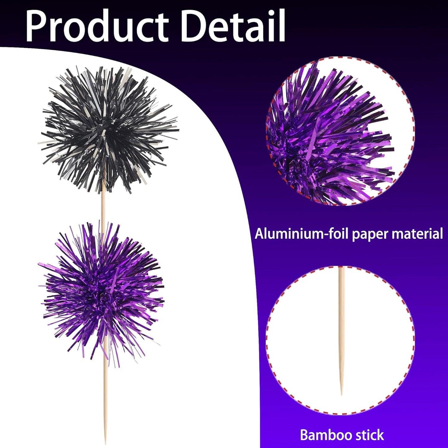 40 PCS Foil Firework Cupcake Toppers Sparkle Tinsel Cupcake Picks Fireworks Birthday Party Decorations Cocktail Fruit Toothpick for Birthday Wedding Graduation Party Decorations Supplies Black Purple