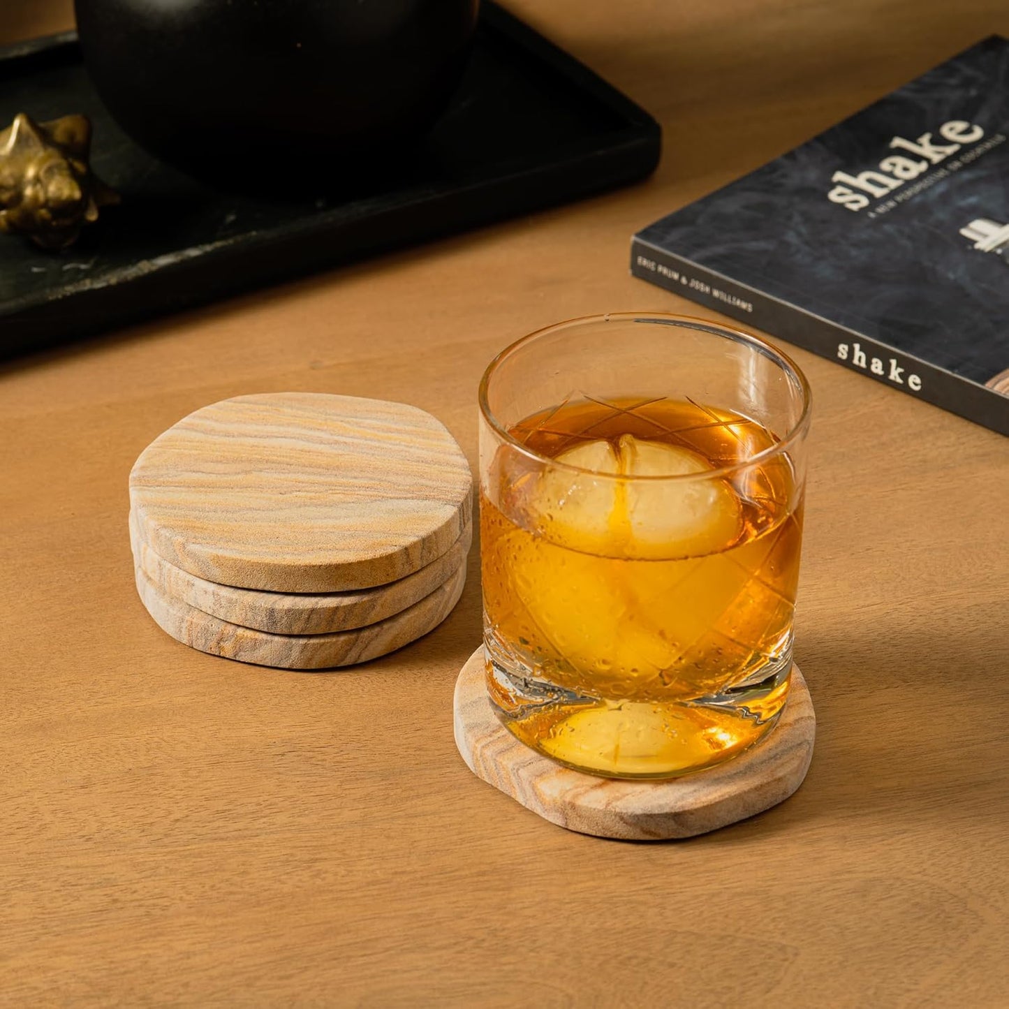 Cork & Mill Absorbent Coasters Set of 4 - Water Absorbing Sandstone Coasters for Drinks - Perfect for Coffee Table, Office Desk, Outdoor, Bedroom Nightstand - 4" Round - Unique Irregular Edge Design
