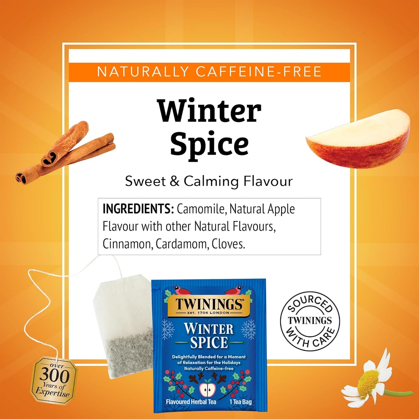 Twinings Winter Spice Herbal Tea Individually Wrapped, 20 Count (Pack of 6), Camomile, Apple, Cinnamon, & Clove, Caffeine-Free, Enjoy Hot or Iced, 120 Teabags