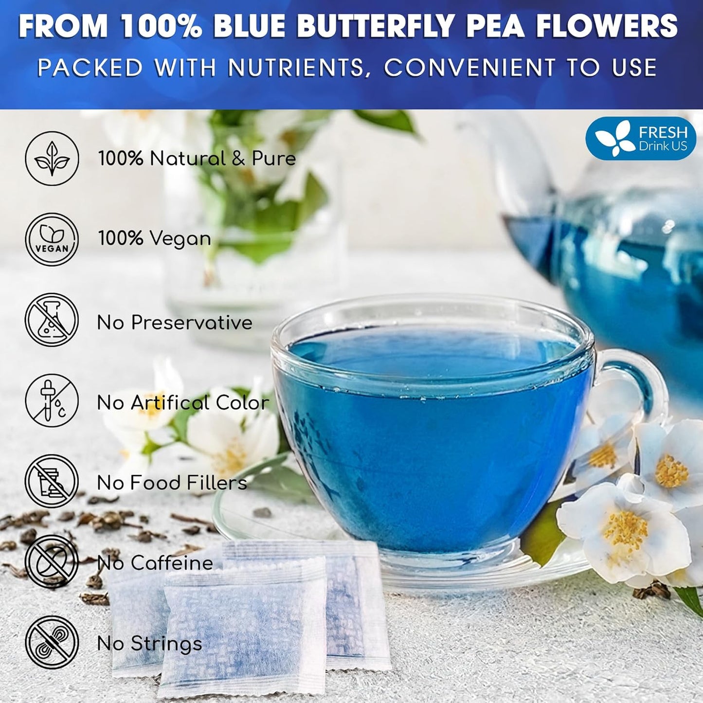 FRESHDRINKUS Premium 55 Butterfly Pea Flowers Tea Bags,100% Pure, Organic, Non GMO, Made With Organic Bags, Sugar/ Caffeine/ Gluten Free, Wildcrafted, Vegan, Handmade Product