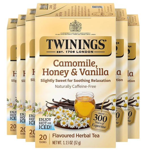 Twinings Camomile, Honey & Vanilla Herbal Tea Individually Wrapped Bags, 20 Count (Pack of 6), Naturally Caffeine-Free, Enjoy Hot or Iced, 120 Teabags