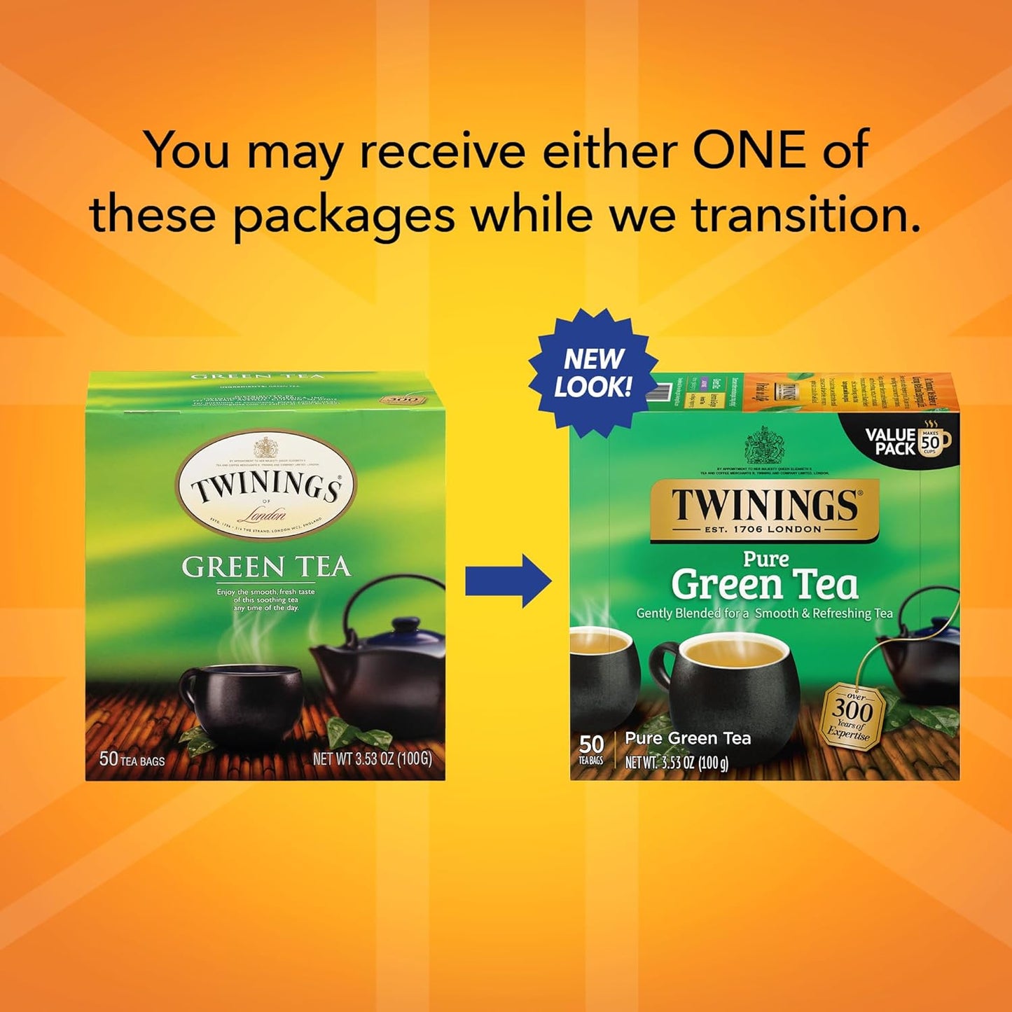 Twinings Pure Green Tea Individually Wrapped Bags, 50 Count (Pack of 6), Smooth Flavour, Enticing Aroma, Caffeinated, Enjoy Hot or Iced, 300 Teabags