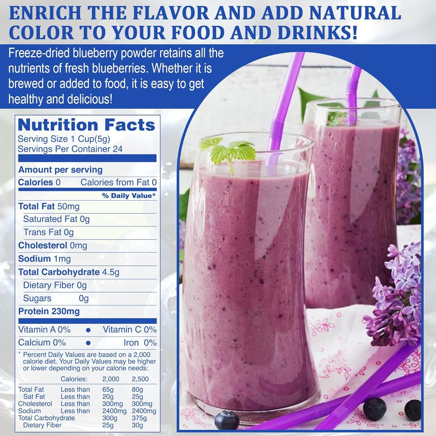 Blueberry Powder - 100% Freeze Dried Blueberries Fruit Powder, No Additives Blueberries Extract for Baking and Flavoring, Rich in Nutrients, Non-GMO, Great for Drinks, Smoothies, Beverages - 4oz