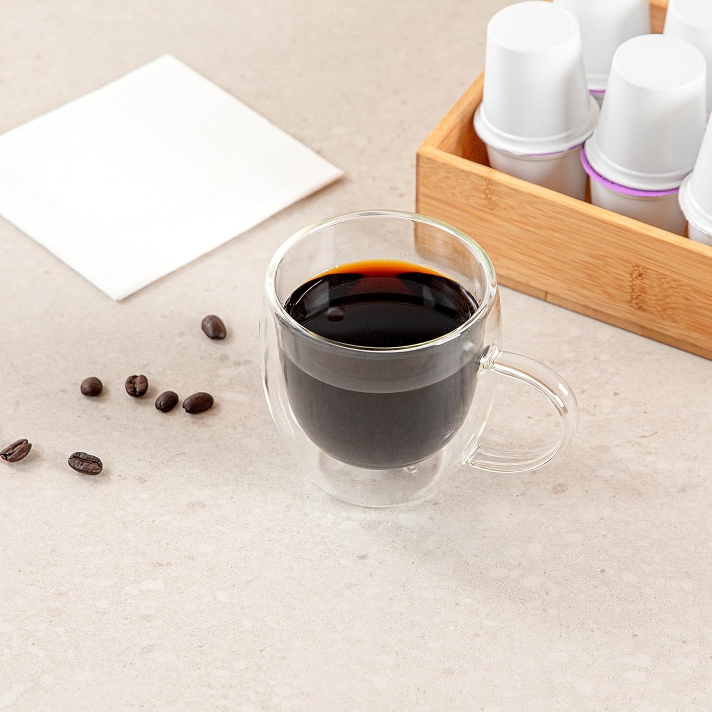 Restaurantware-Forma Professional 8.5 Ounce Glass Coffee Cups, 12 Insulated Coffee Cups With Handle - Dishwashable, Reusable, Clear Double Wall Beverage Tumblers, Freezable, For Hot Or Cold Beverages