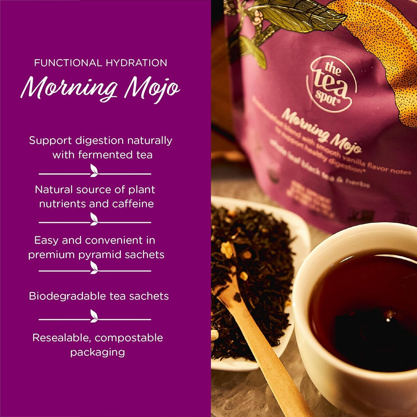The Tea Spot Organic Morning Mojo Black Tea with Vanilla and Citrus for Energy | Breakfast Blend of Pu'erh Tea, Black Tea, Orange Peel and Vanilla Flavor | 15 Tea Bags
