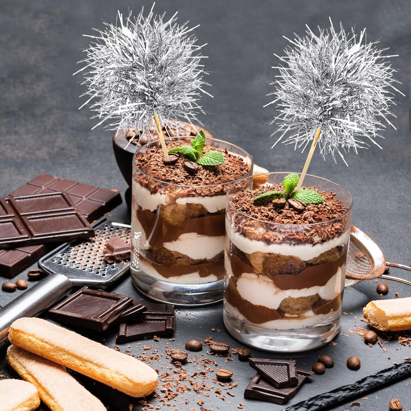 Chinco 100 Pcs Foil Firework Cupcake Toppers Sparkle Tinsel Cake Toppers Cake Decoration Cocktail Fruit Toothpick for Birthday Wedding Graduation Party(Silver)