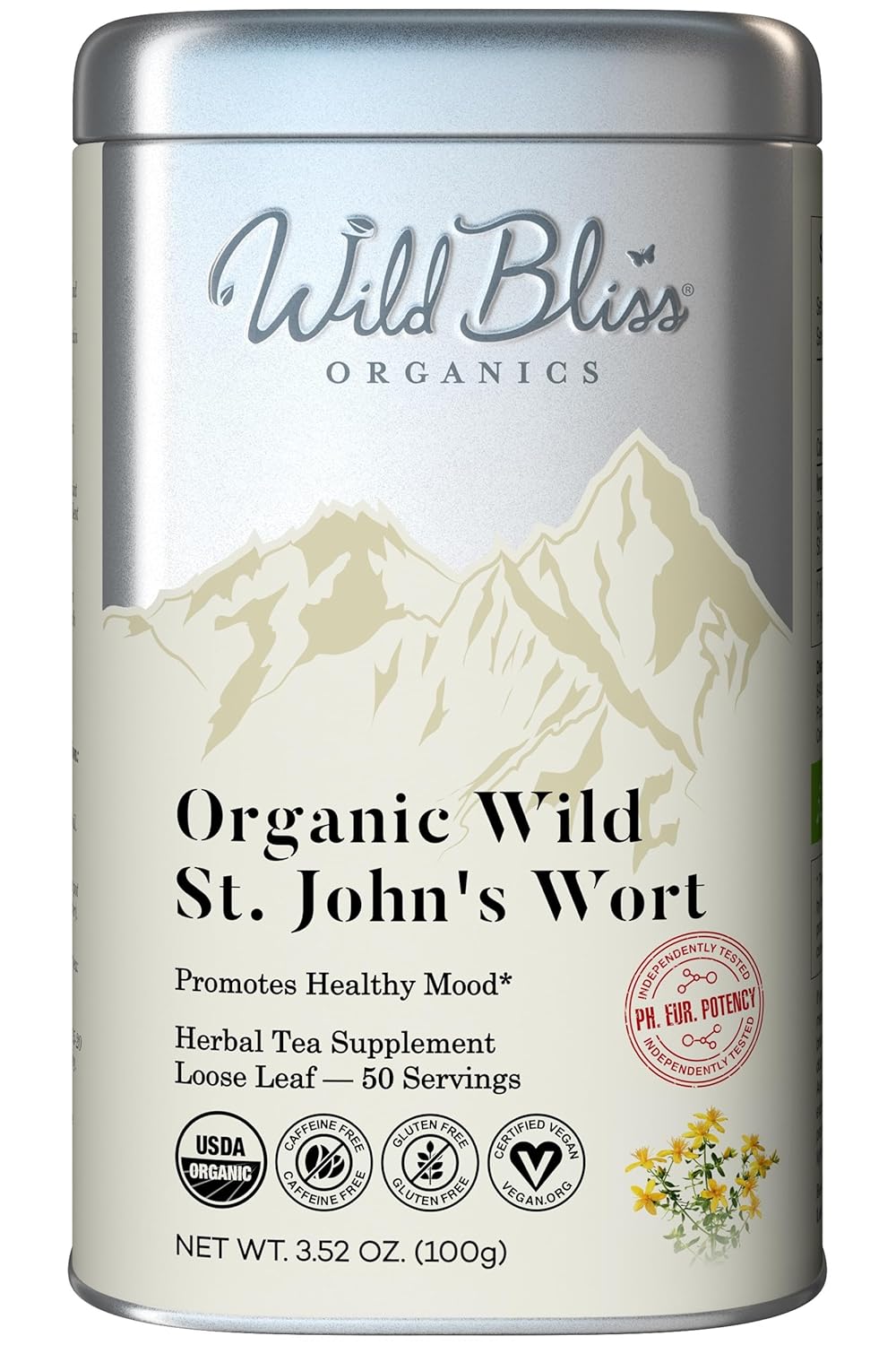 Wild Bliss Organic St Johns Wort Tea - Caffeine Free Mood Balance Support Herbal Tea - Pharmacopoeia Potency - Loose Leaf 3.52 Oz - 50 Servings
