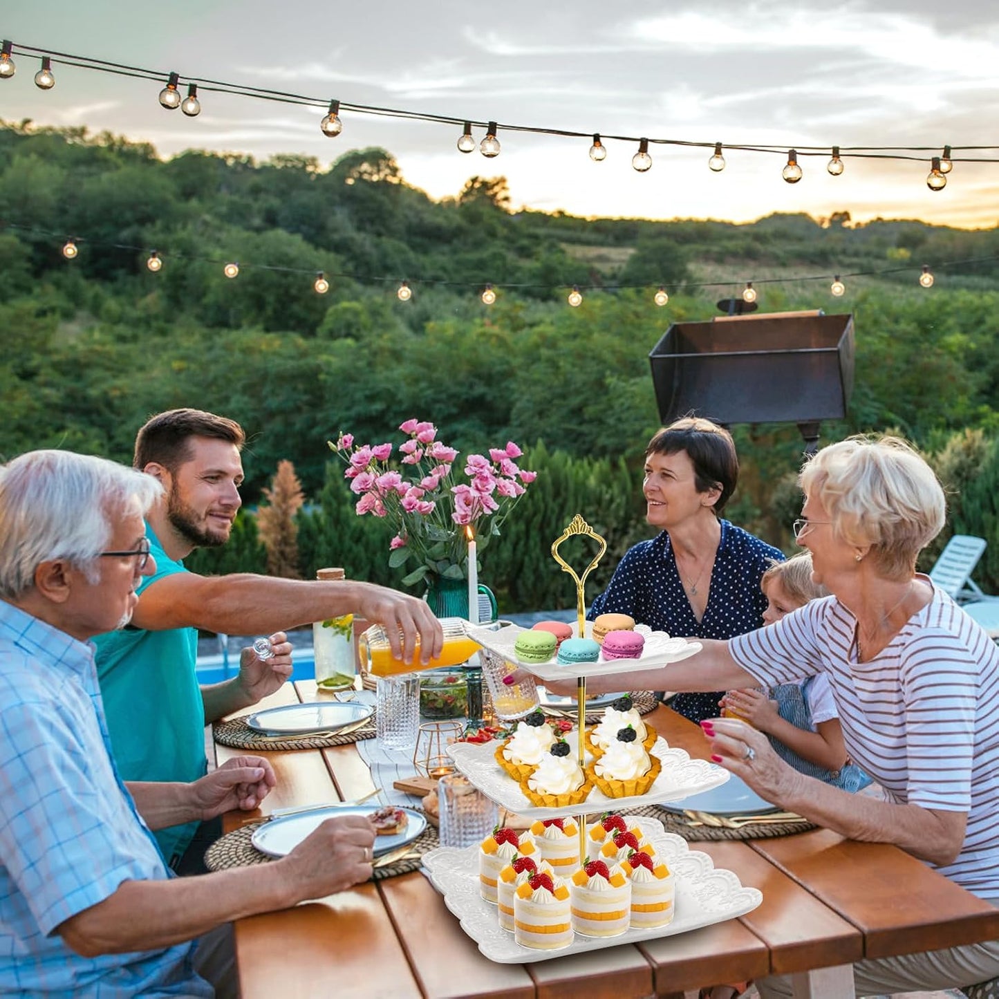 Tebery 2 Pack 3-Tier White Ceramic Embossed Dessert Cake Tower Stand with Gold Carry Handle, Cupcake Stand Serving Trays, Porcelain Party Food Server Display Holder