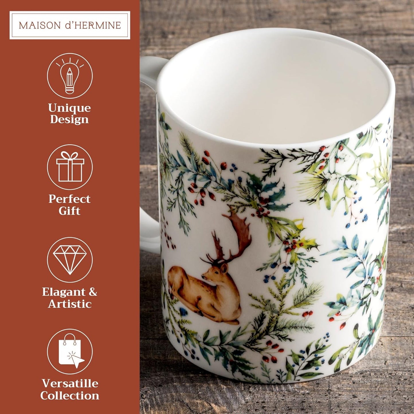 Maison d' Hermine Coffee Mug with Handles Fine Bone China Mugs Pack of One Tea Cups for Hot Beverages Cappuccino Latte Home Restaurant Office Perfect for Gift (Holly Time - Cerf, 12 Ounce)