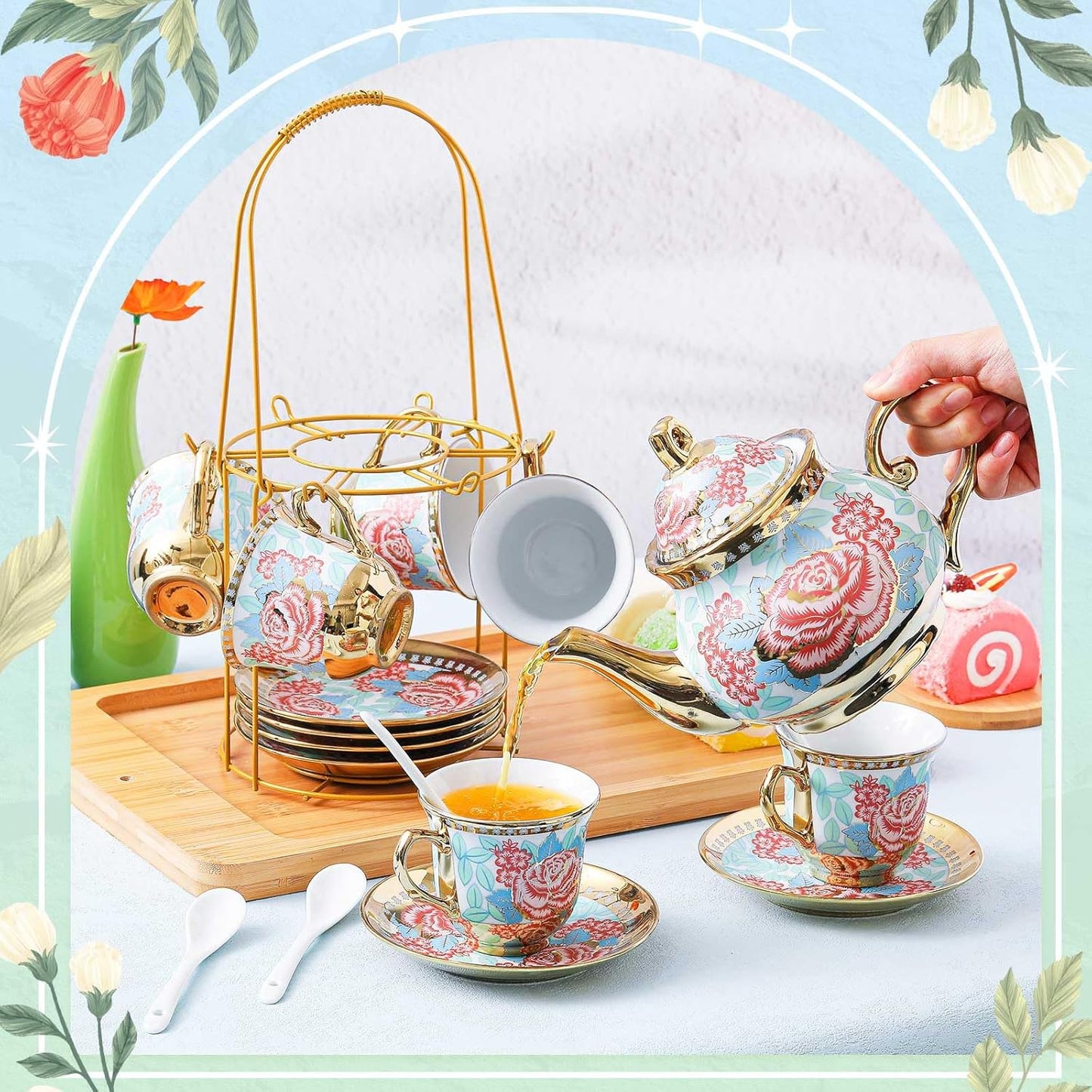 Zhehao 20 Pcs Porcelain Tea Set with Metal Holder and Spoon Adult Ceramic Tea Party Set European Flower Painting Teapot Cup Saucer Spoon Set for Women, Large Version(Vintage Style)