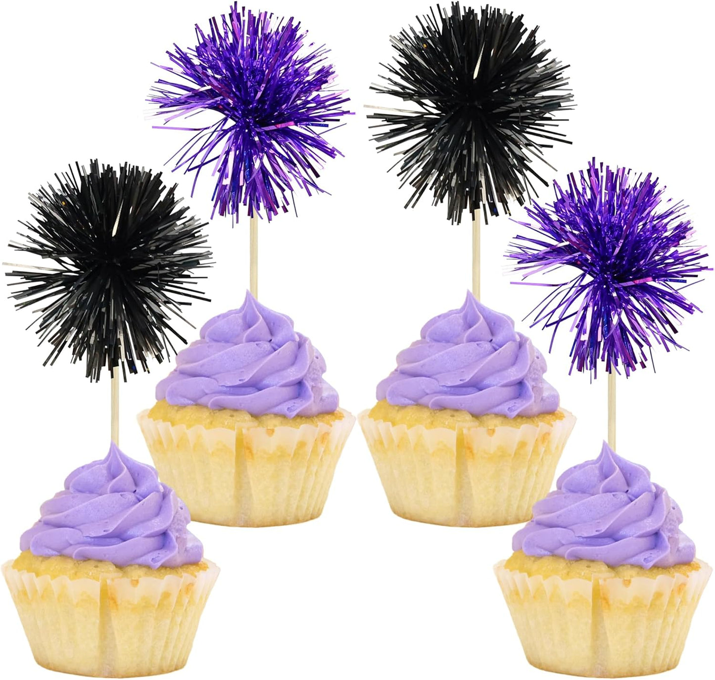 Gyufise 30Pcs Foil Firework Cupcake Toppers Sparkle Tinsel Cake Toppers Tinsel Drink Cake Decoration Cocktail Picks for Birthday Wedding Graduation Party Supplies Black Purple
