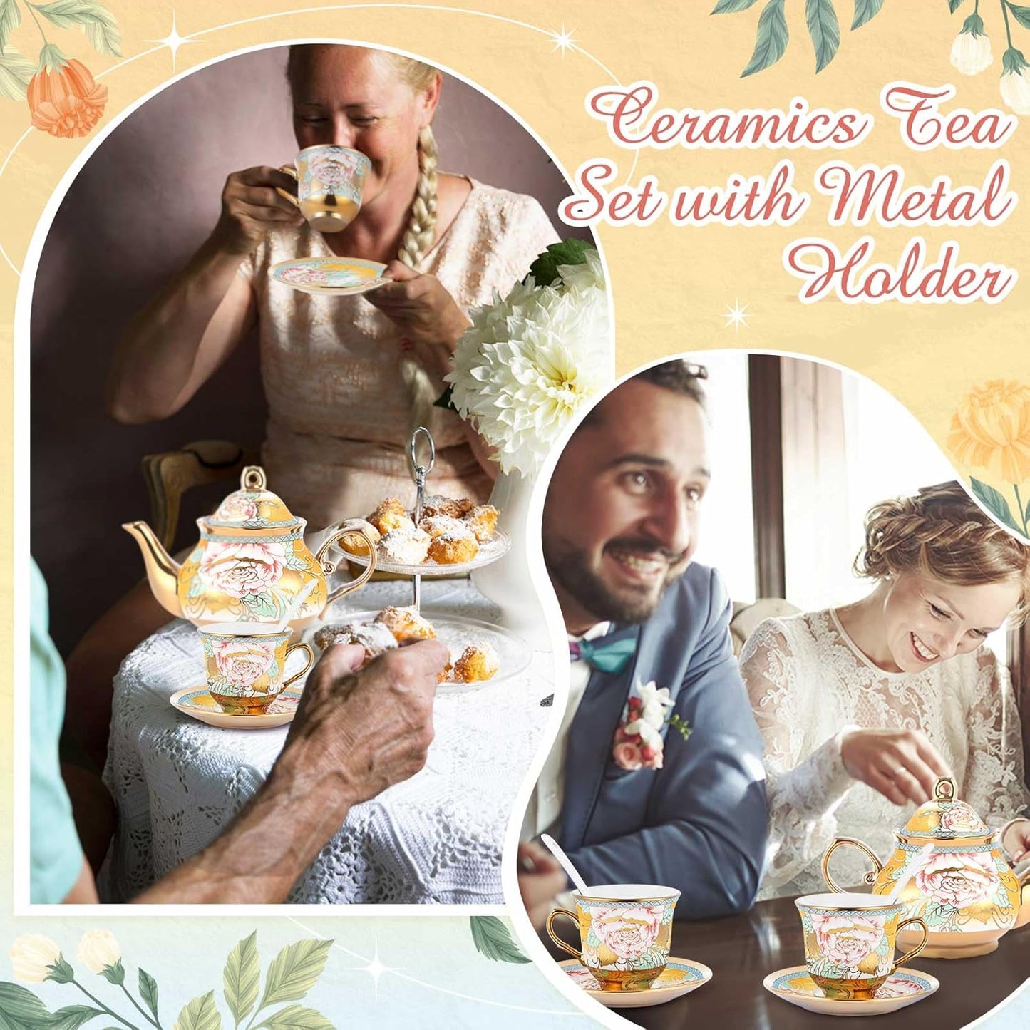 Zhehao 20 Pcs Porcelain Tea Set with Metal Holder and Spoon Adult Ceramic Tea Party Set European Flower Painting Teapot Cup Saucer Spoon Set for Women, Large Version(Classic Style)