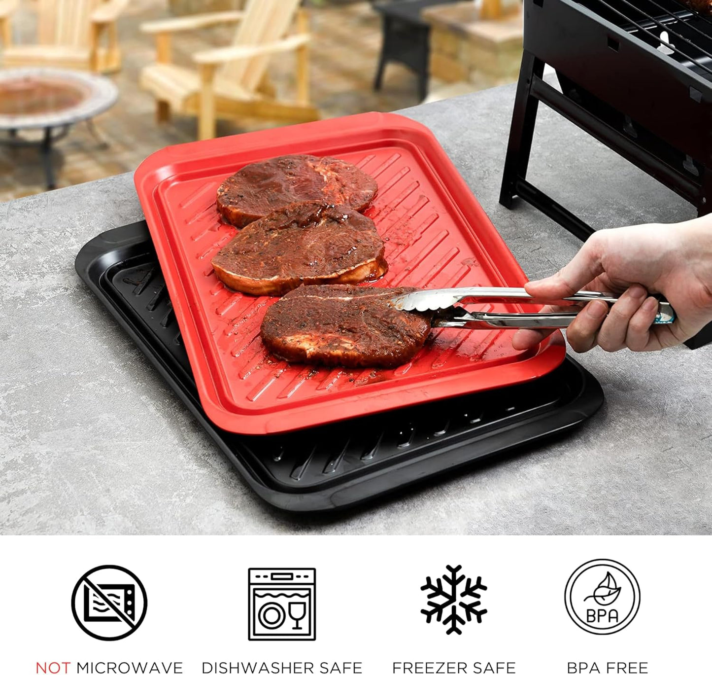 TP Grilling Prep and Serve Trays, 17" BBQ Tray for Meat Marinating and Food Plating, Melamine Serving Platters Set of 2 Grilling Accessories, Black and Red