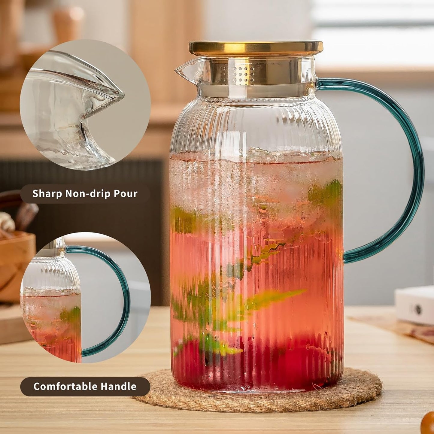 2 PACK Glass Pitcher with Lid,68 oz/ 2 Liter Vertical Stripes Water Pitcher With Green Handle,Glass Water Carafe for Cold Brew,Coffee, Lemonade, Iced Sun Tea,Beverage,Milk Heat Resistant